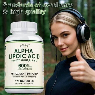 AIRBOY Ácido alfa lipoico 600 mg - Balance de azúcar en la sangre, ayuda para el metabolismo, salud de la piel