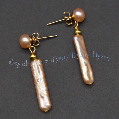 Natural Pink Freshwater Long Stick Rectangle Pearl Necklace Bracelet Earring Set - Picture 15 of 18