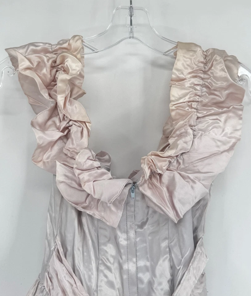 Vestido midi Gunne Sax Jessica McClintock vintage rosa azul satinado con volantes talla 3 Foto 4 de 4