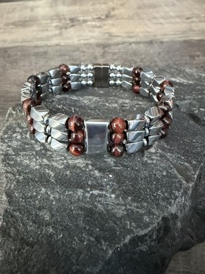 Silver Magnetic Hematite Therapy Bracelet Anklet Necklace 3 Row w Red Tiger Eye.