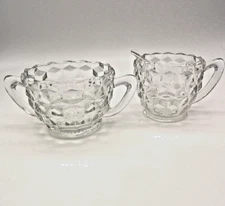 Jeannette Cube Clear Glass Creamer & Sugar Set Depression Pressed VTG