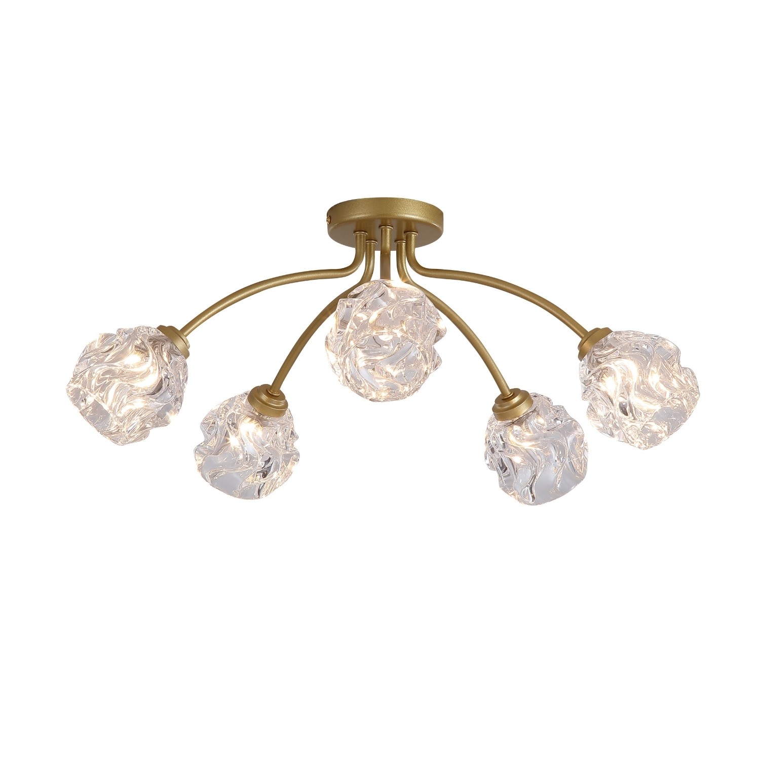 Flush Ceiling Light 5 Light Gold Metal Crumpled Glass Shades G9 Dimmable IP20