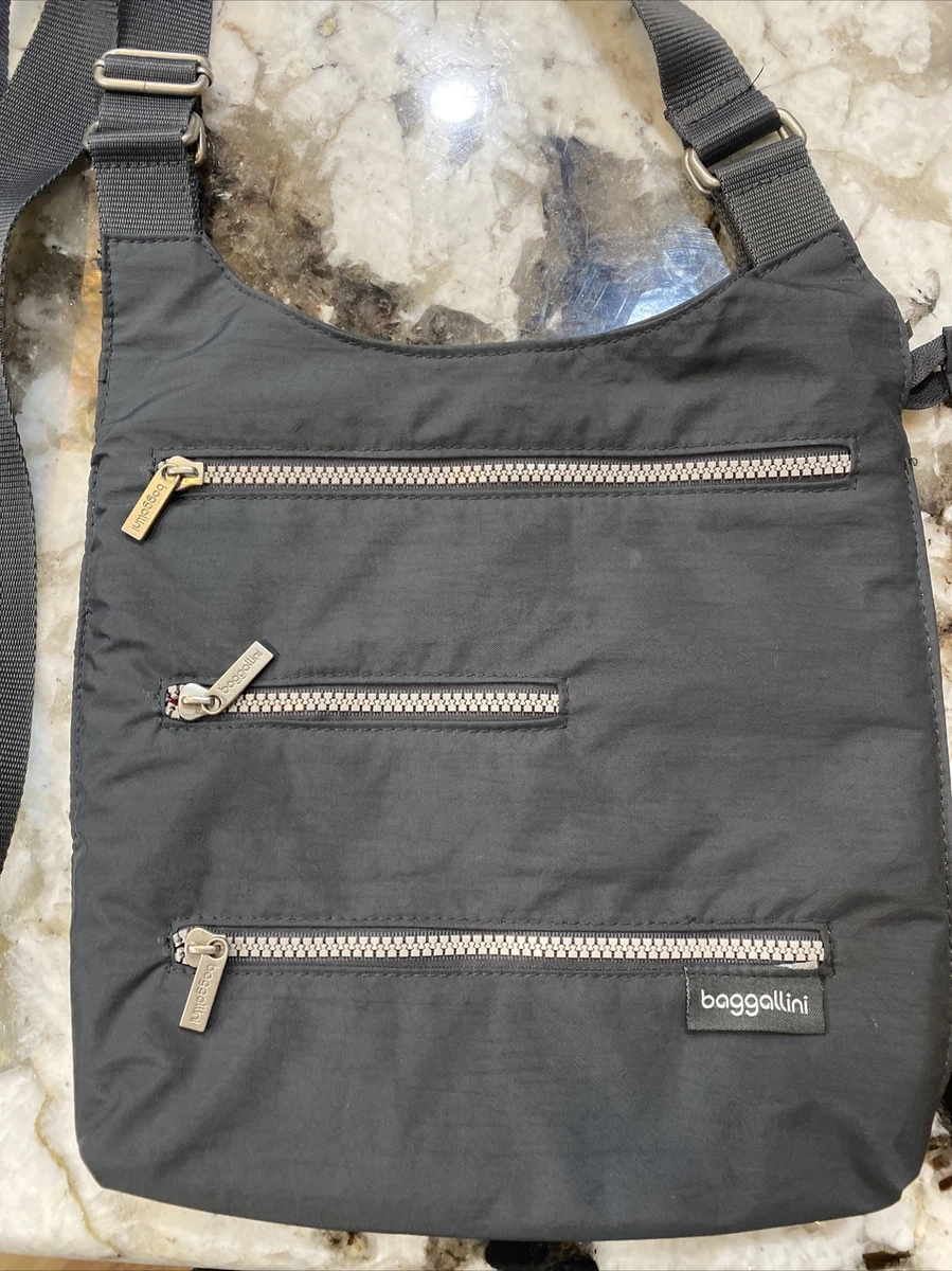 Baggallini Big Zipper Crossbody Travel Swingpack Shoulder 3 Zip Bag Dark Grey