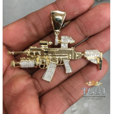 10K YELLOW GOLD Rifle Gun Diamond Pendant AK-147 Machine