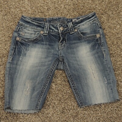 Miss Me Cut Off Jean Shorts Womens size 24 Rhinestone Bling Thick Stitch 