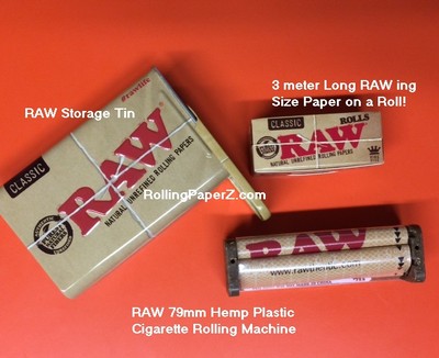 RAW King Size Classic ROLLS box Rolling Paper +Storage TIN +Hemp Plastic ROLLER