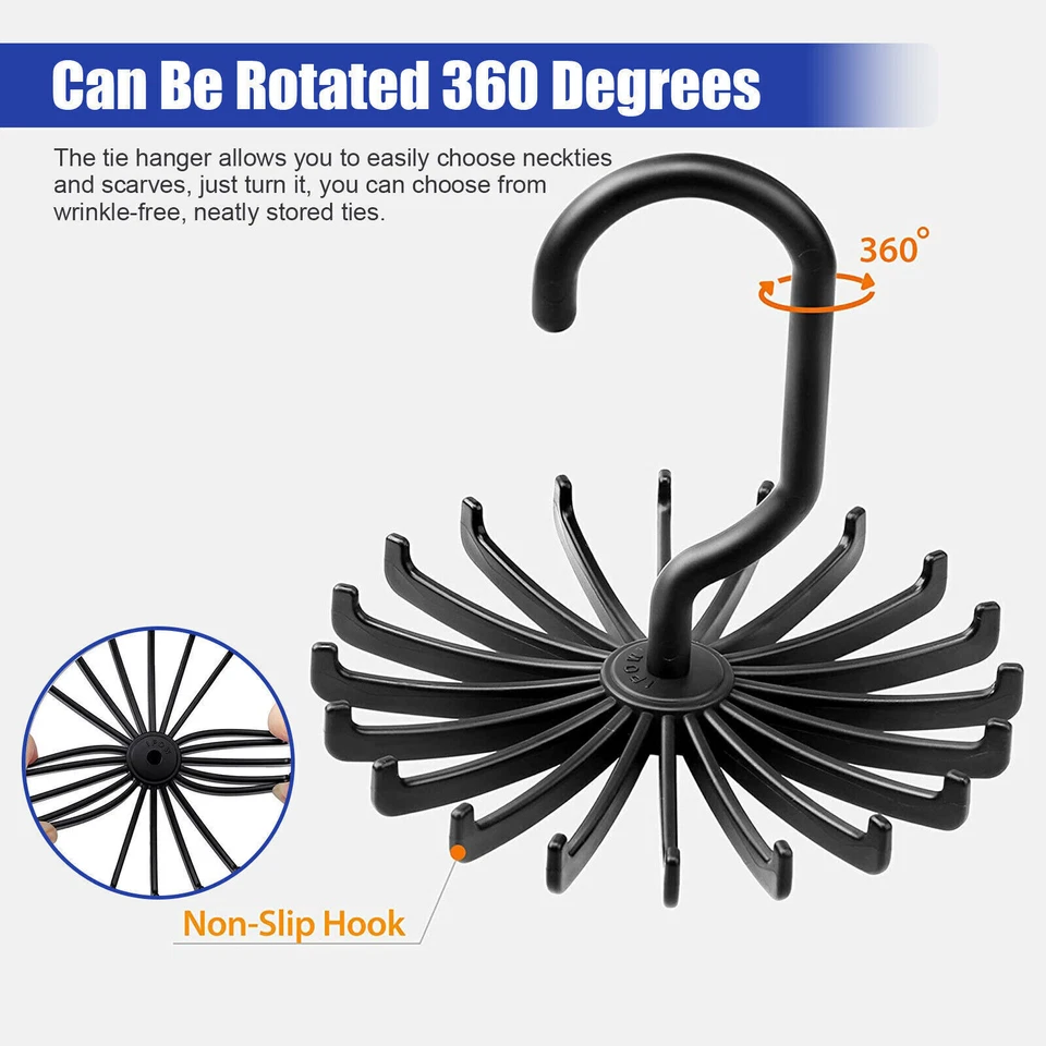 6X Neck Tie Rack 360° Rotatable Hook Hanger Organizer Scarf Belt Storage Holder - Image 2 of 4