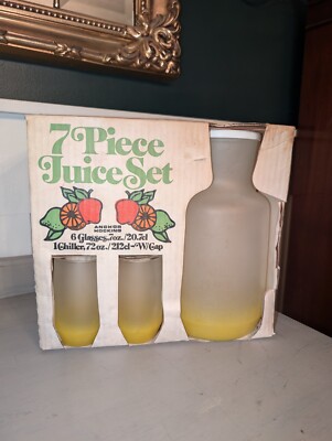 Vintage Anchor Hocking 7pc Juice Set Frosted White to Yellow Fade Ombré