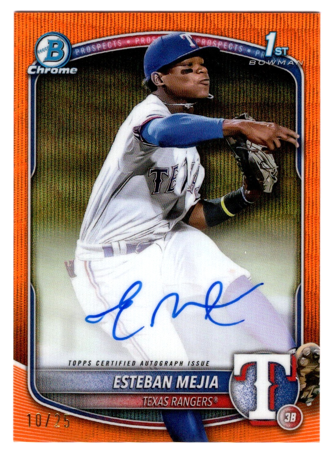 Esteban Mejia 2025 Bowman Chrome 1st Year Orange Wave Refractor Autograph 10/25