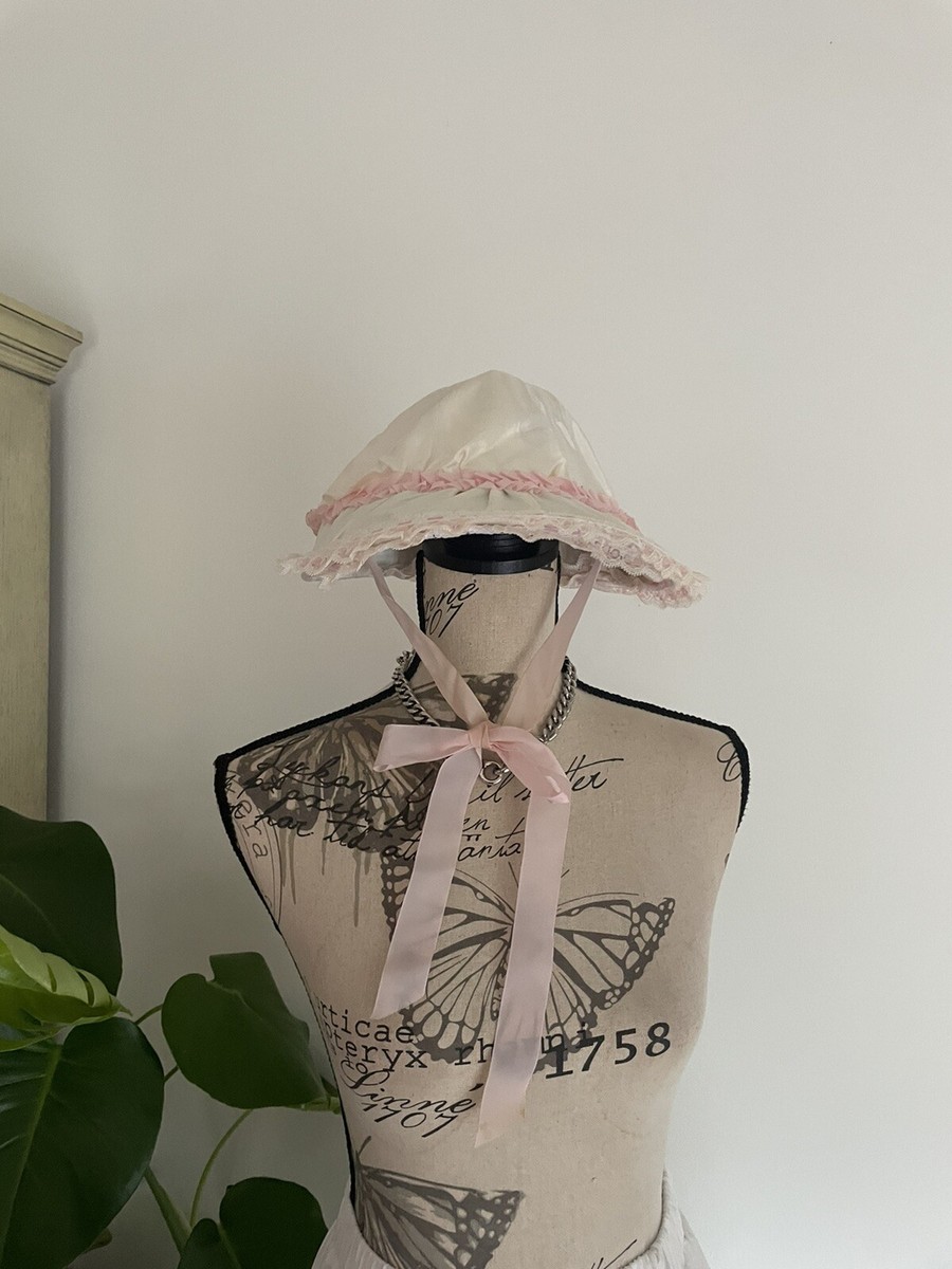Antique Vintage Pink Frilly Floral Lace Ribbon Bed Night Hat Cap