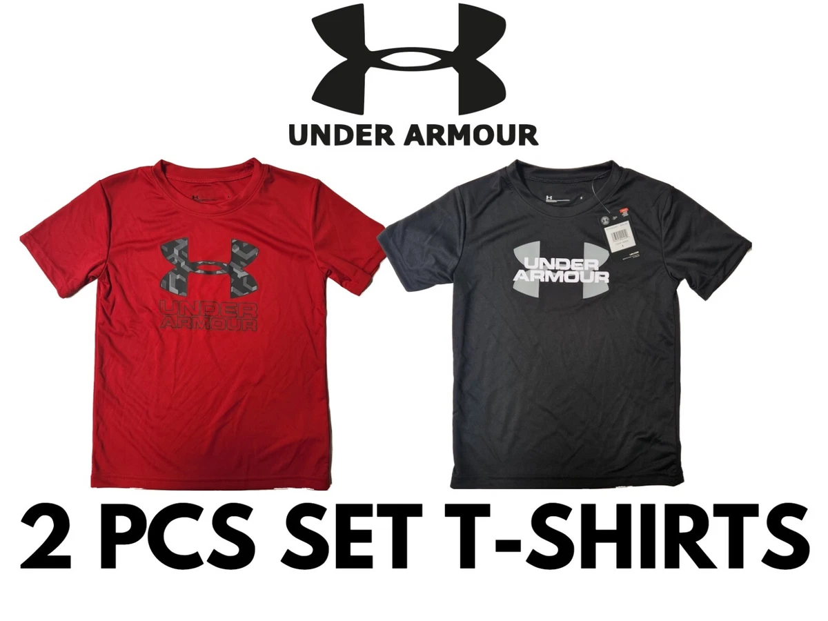 NEW! Under Armour Heat Gear Boy's Shirt 2 T-SHIRT TEE SET SIZE 6 RED BLACK