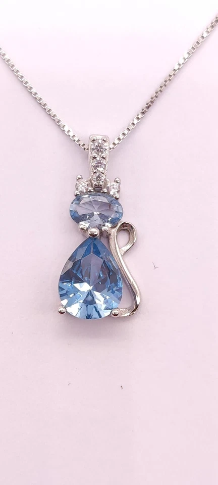 Collana donna Argento 925. Pendente acquamarina Gattino goccia azzurro. Pendente - Immagine 4 di 4