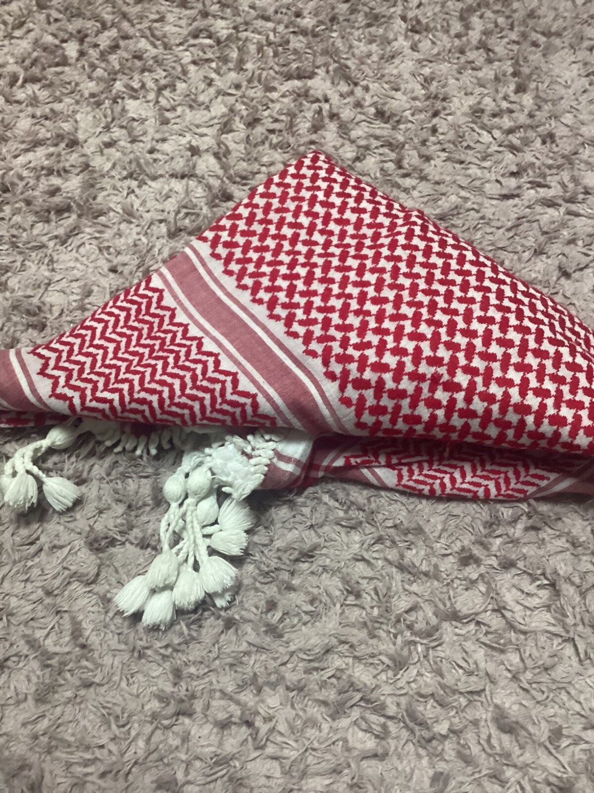 Original Handmade Hirbawi Palestinian Kuffiyeh Scarf in White and Red Cotton-image