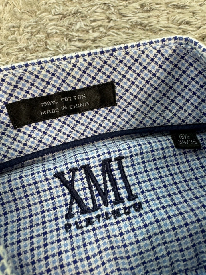 Camisa XMI Platino Para Hombres 16.5 34/35 Azul Pata de Gallo Barril Puño Vestido Abotonado Foto 3 de 4