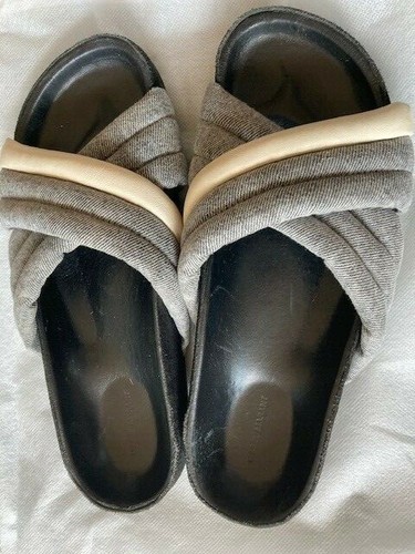 ISABEL MARANT 37/7 GRAY FABRIC & WHITE LEATHER HOLDEN SANDALS SLIDES # - Picture 4 of 6