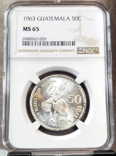 1963 GUATEMALA SILVER 50 CENTAVOS WHITE NUN ORCHID NGC MS 65 SCARCE GEM BU