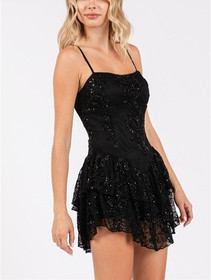 Stretch Lace Layered Ruffle Mini Romper Dress Black Sparkle Glamorous Edgy Chic
