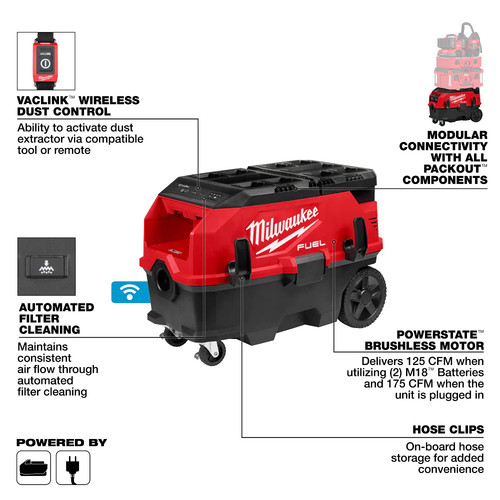 Milwaukee 0888-20 M18 COMBUSTIBLE 18V 9 galones extractor de polvo de doble batería - herramienta desnuda - Imagen 4 de 12