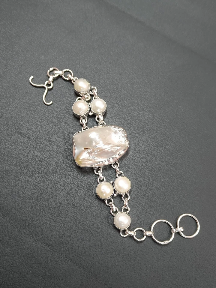 Hermosa Pulsera Madreperla Gema Plata de Ley Pulsera Regalo Ajustable Foto 3 de 4