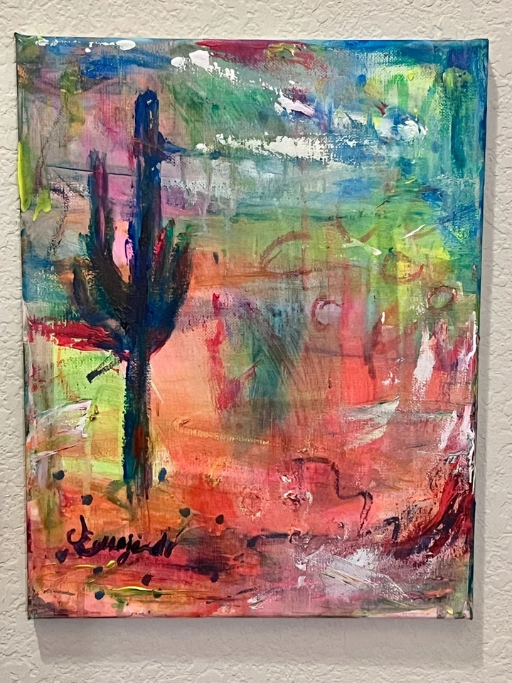 Arte assinada em tela GUAJARDO expressionismo original neon cacto alto 14X11 - Imagem 2 de 4