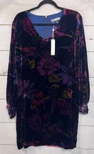 Trina Turk NWT MED Eclaire Dress Velvet Floral Long Sleeve Black w/ Plum Colors