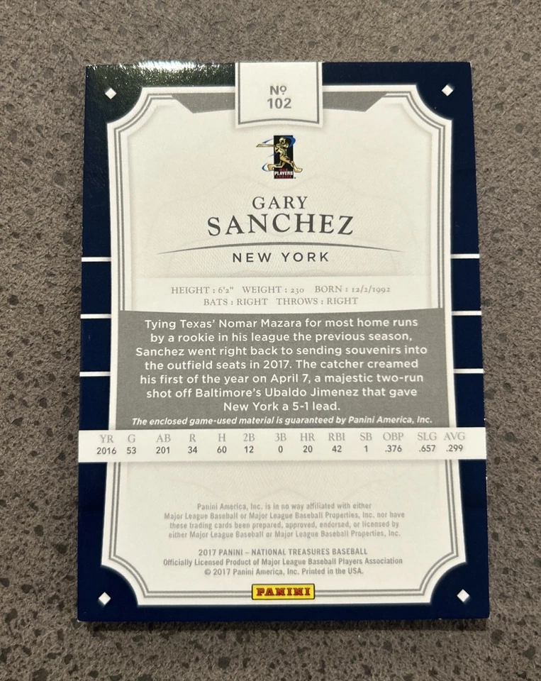 2017 National Treasure Gary Sanchez 1/1 Platinum Game Used Jersey Button Relic - Image 2 of 2
