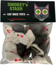 Smokey's Stash Rabbit Fur Mouse Cat Toy 12 per Pack White and 12, White, Gray 