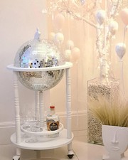 Glam Globes: FACTORY SECONDS Disco Ball Bar Cart, White Stand/Silver Tile