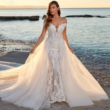 Vintage Mermaid Wedding Dress with Detachable Train Appliques Backless Bridal