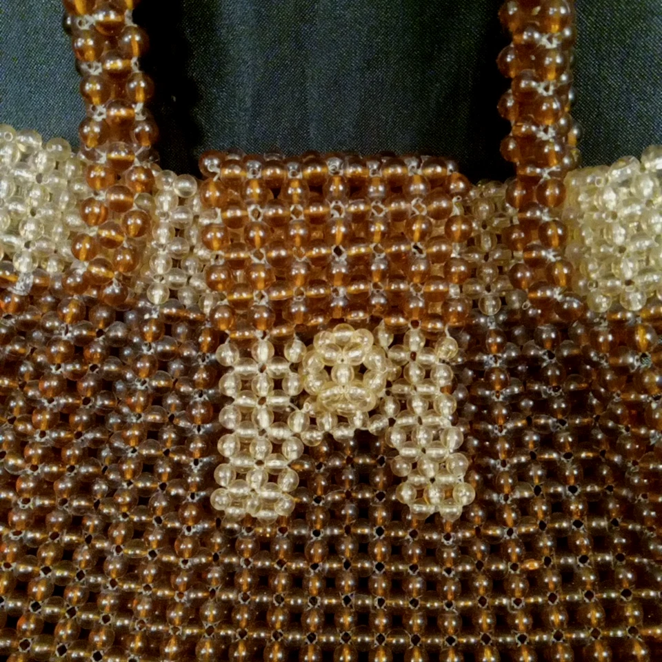 Bolso de mano vintage Art Deco de los años 30 con cuentas con cordón ámbar marrón con cuentas estilo francés Foto 3 de 4