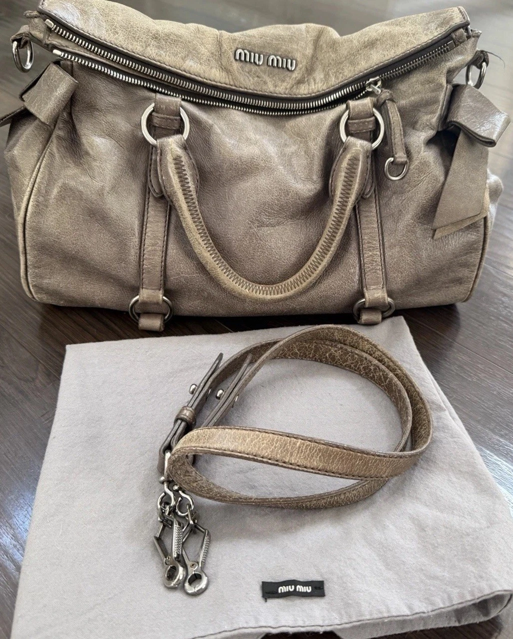 Miu Miu — Authentic Vintage Miu Miu Vitello Leather Lux Bow Moto Bag With Duster Bag