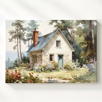 Cozy Cottage In Forest Canvas Watercolor Woodland Retreat Art Sometimes, The