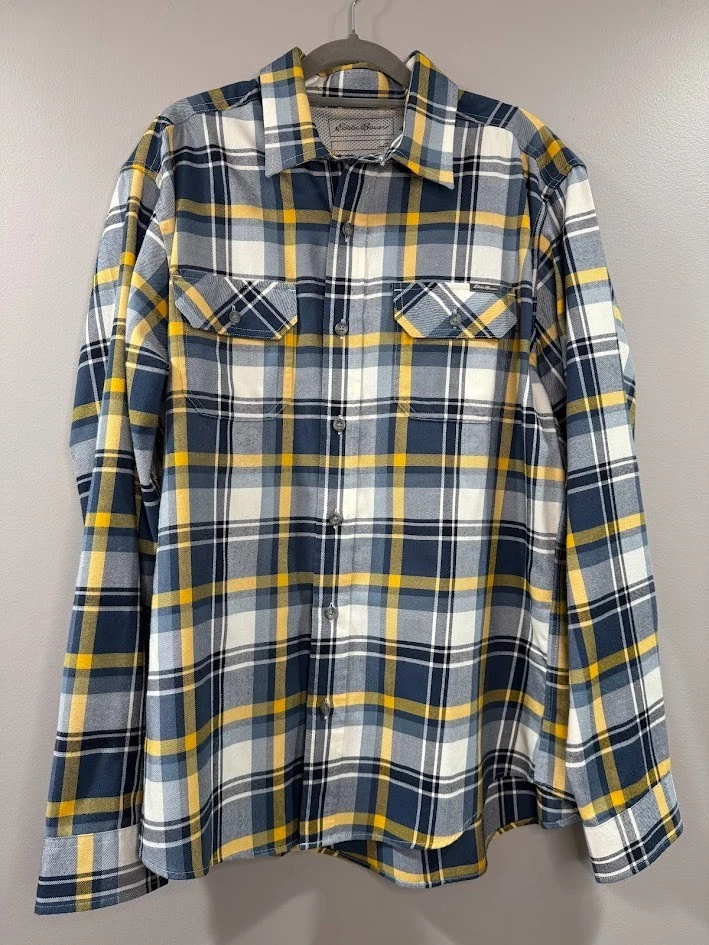 Eddie Bauer Blue Yellow Long Sleeve Plaid Shirt Sz L Mesh Travel Hiking Outdoors