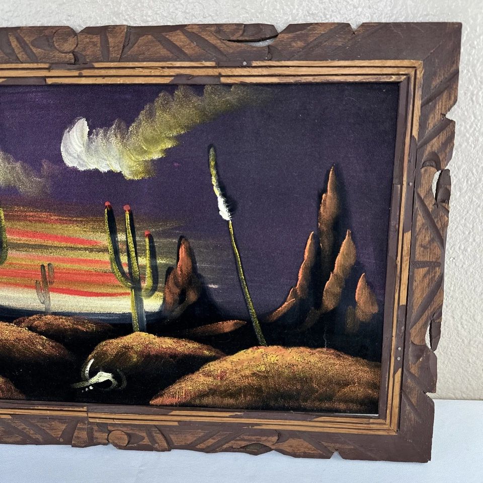 Vtg Desert Sunset Black Velvet Painting Cactus Mountains Skull Carved Wood Frame - Image 2 of 4