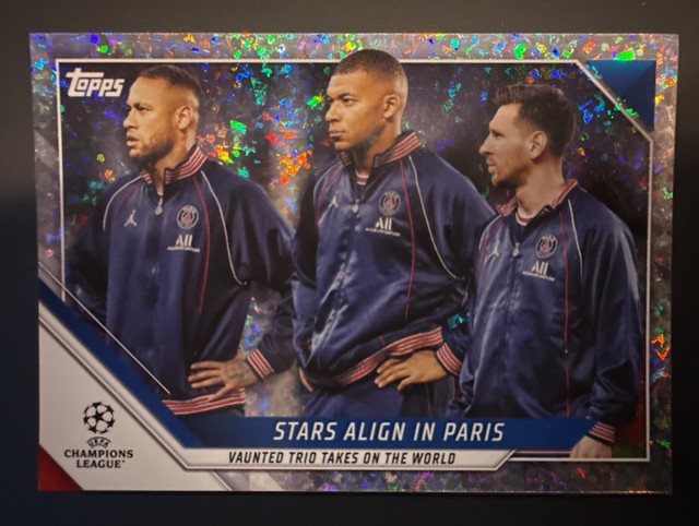 2021-22 Topps UCC - Lionel Messi/Neymar Jr/Kylian Mbappe #62 Sparkle Foil Trio