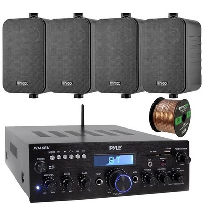 Pyle PDA6BU USB 200W Bluetooth Stereo Receiver, 4x 4'' 30W 3-Way Speaker, Wire