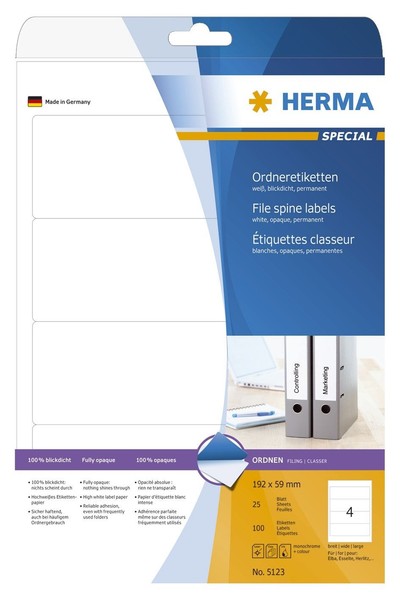 Herma 5123 5123 Ordneretiketten A4 Weiß 192X59 Mm Papier Matt Blickdicht 100 St.-image