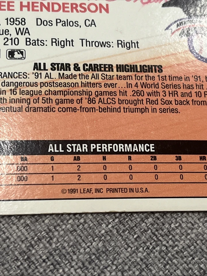 1992 Donruss Dave Henderson Athletics #21 Card Missing “.” After INC ERROR - Image 3 of 3