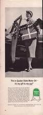 Quaker State Motor Oil Woman with Presents Vintage Print Ad 1955