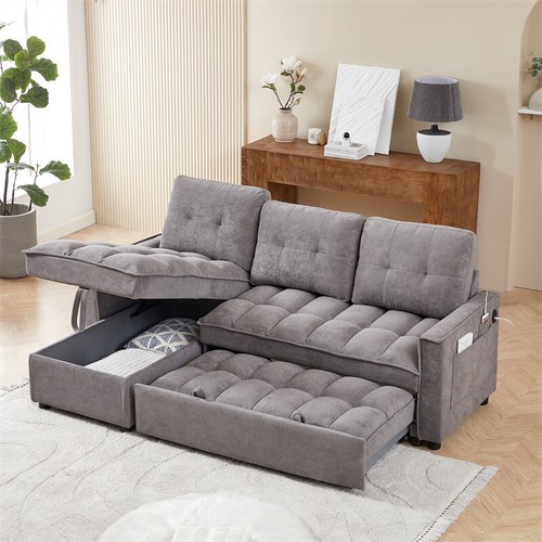 L Shaped Sleeper Sofa, Pull Out Couch Bed w/Storage Chaise & USB Ports-Dark Grey - Picture 21 of 23