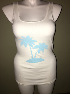 Faded Glory Tank Top Jrs Sz XL White Ribbed Palm Tree Print EUC