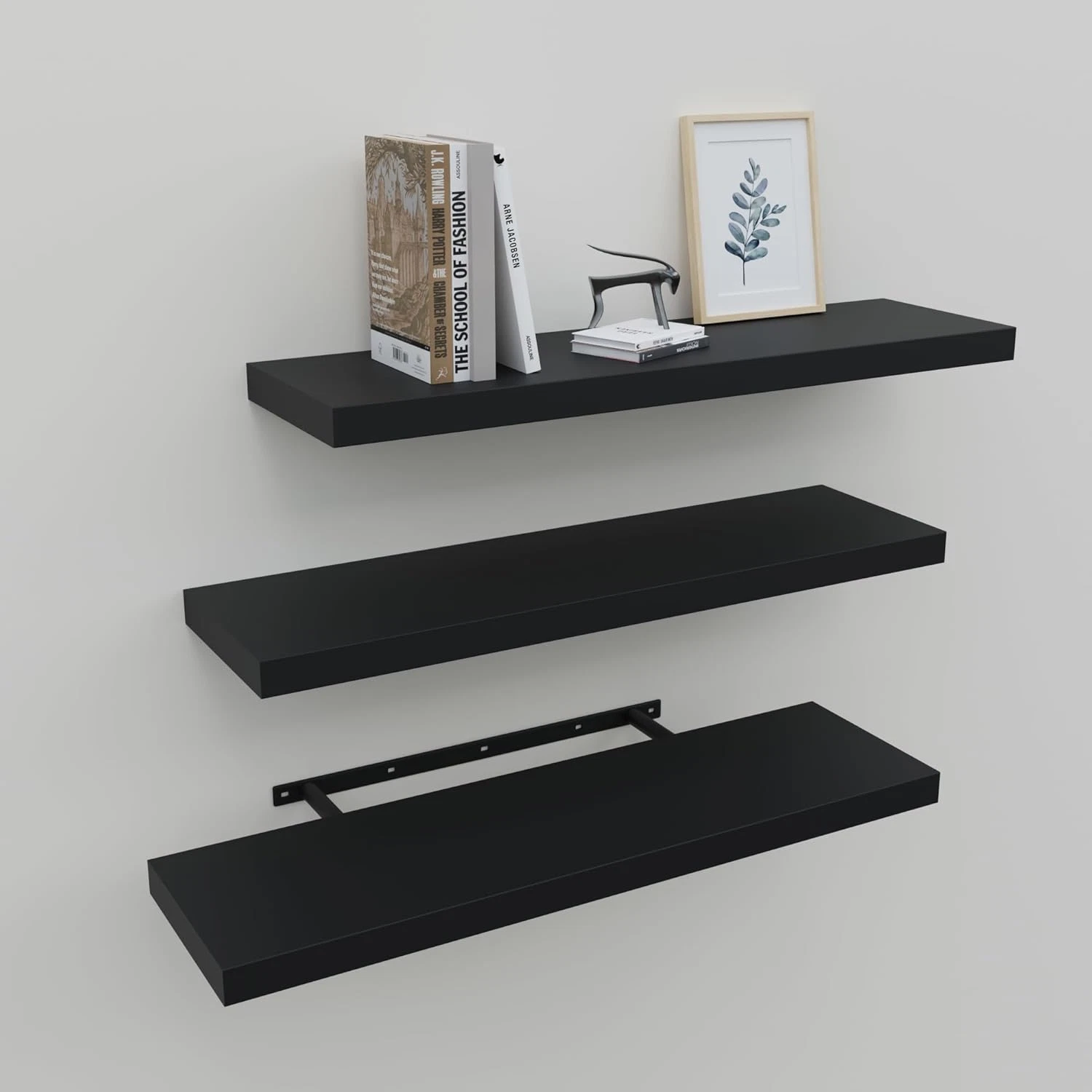 Set of 3 Black Floating Wall Shelves - 24" for Home Decor & Display