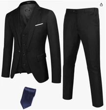 Wangyue Men's Black Suit Slim Fit 3 Piece L 44R 38W 1 Button Notch Lapel