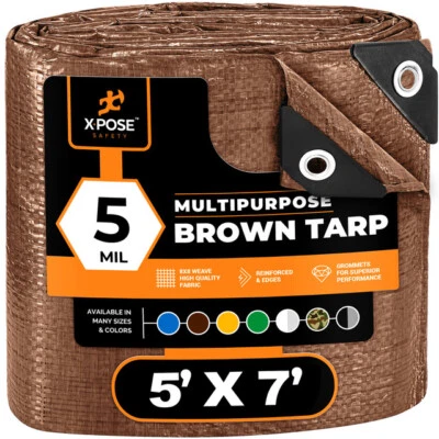 XPOSE SAFETY Brown Poly Tarp 5' x 7' - Durable, Water Resistant, Weather Resistant