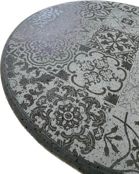 TAVOLO MAIOLICA ROTONDO IN PIETRA LAVICA DECORATO A LASER SPESSORE CM 3 - Immagine 2 di 3