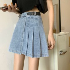 Damen Unregelmäßiger Faltenrock Mini Kurz A-Linie Denim Punk Lässig Mode