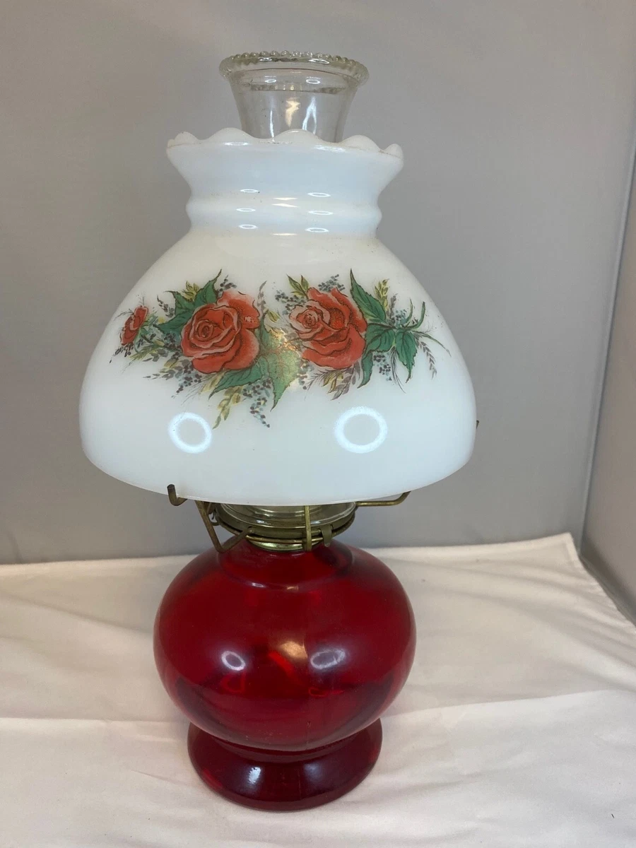 Antique red on sale glass hurricane lamp