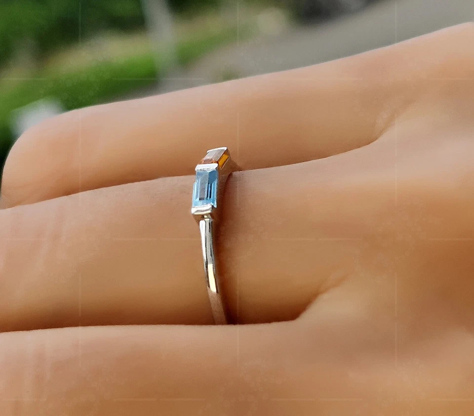 Anillo Baguette Citrino Y Aguamarina Plata Esterlina 925 Piedra Natal Fabricación Astro Foto 4 de 4