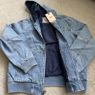 Levi s MENS Large Worker Lined Full Zip Hooded Light Bomber Blue Jacket New
