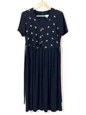 Vtg Allison Che Black Floral 90s Mom Dress Waffle Knit Vest Pleated Embroidered